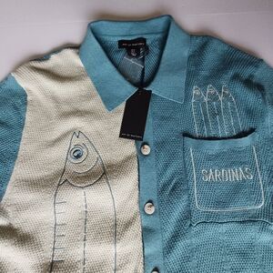 Sardines Graphic Art of Rhetoric casual men's knit shirt Size Small Teal/Beige